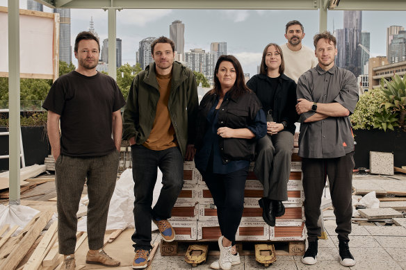 Johnny’s Green Room in Carlton is getting a reboot with a new team that includes chef Karen Martini (centre) and bartender Matthew Bax (far right).