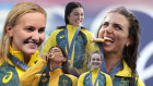 Back row from left: Ariarne Titmus, swimming; Arisa Trew, skateboarding; Jessica Fox, canoe. Front from left: Saya Sakakibara, BMX, Grace Brown, cycling. PHOTOS: AP, GETTY