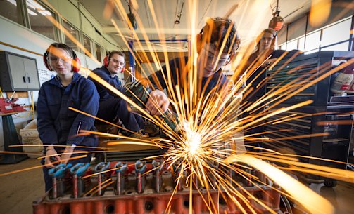 Kerang Technical High School students (left to right) Kate Heffer, Ryan Jardine, Tanner Treacy and Rylee Gitsham in the school’s engineering workshop.