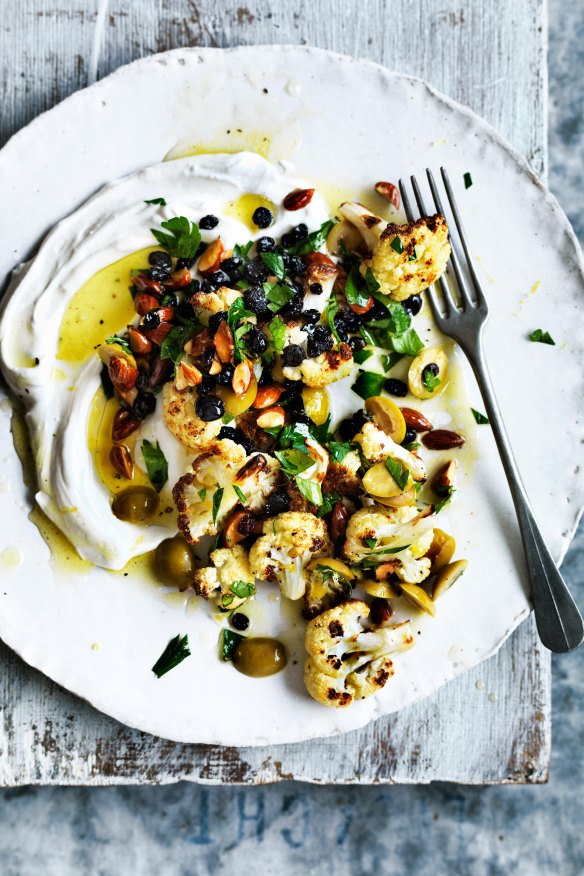 Roasted cauliflower served over creamy labne.