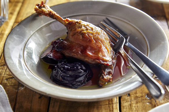 Confit duck leg with blood plum.