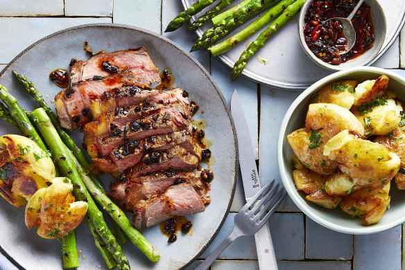 Steak with store-bought crispy chilli oil and simple sides is a midweek favourite.