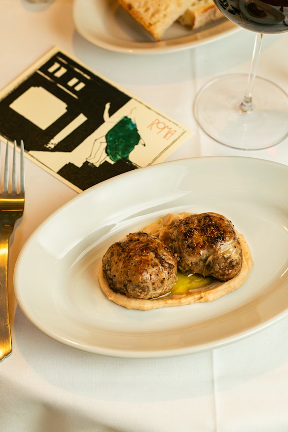 Minced pork and liver meatballs with chestnut-garlic puree.