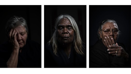 L-R: Jennifer Clayton, the grandmother of Cherdeena Wynne, Auntie Esther Pat, cultural mother of John Pat, and Carol Roe, grandmother of Ms Dhu.   