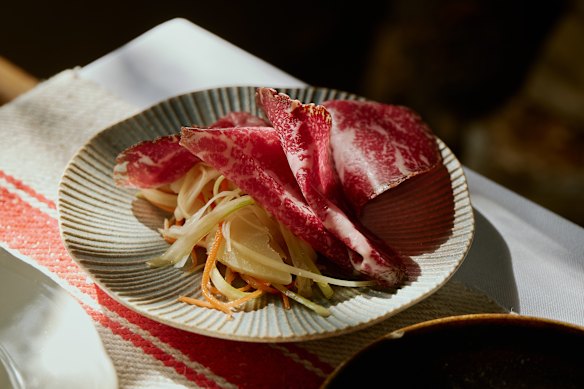 Wagyu bresaola with pecorino and finely sliced fennel and carrot.
