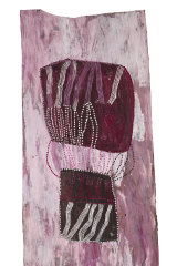 Nonggirrnga Marawili used natural pigments and recycled print toner on bark for 'Lightning and the rock'.