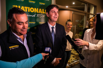 David Layzell, after winning the Nationals preselection for the seat of Upper Hunter, with leader John Barilaro (left). 