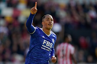 Leicester City’s Youri Tielemans celebrates scoring against Brentford.