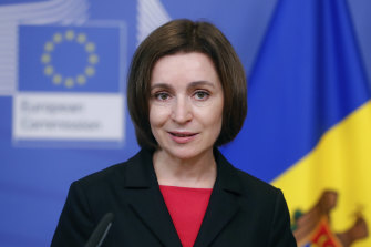 Moldova’s President Maia Sandu poses for photographers prior to a meeting with European Commission President Ursula von der Leyen.