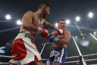 Kris Terzievski throws a punch during the Australasian Heavyweight Title bout against Paul Gallen.