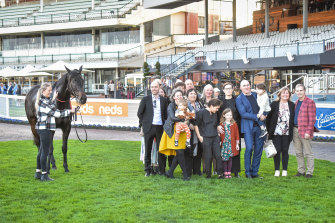 Sponsors with Cardinal Gem after winning the Stephen Howell Memorial Trophy at Caulfield Racecourse on Saturday. 