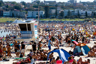 Bondi Beach was almost at full capacity but still open on Monday. 