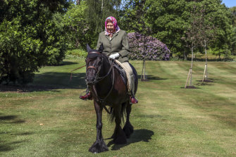 Queen Elizabeth II rides Balmoral Fern, a 14-year-old Fell Pony, in Windsor Home Park.
