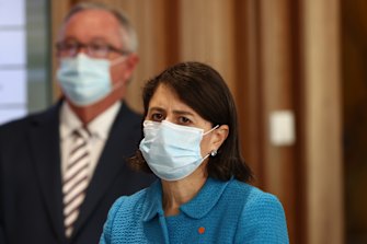 NSW Premier Gladys Berejiklian and Health Minister Brad Hazzard at yesterdayâ€™s COVID-19 update. 