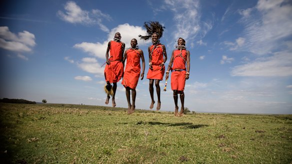 Kenyan Maasai warriors perform a  traditional dance.