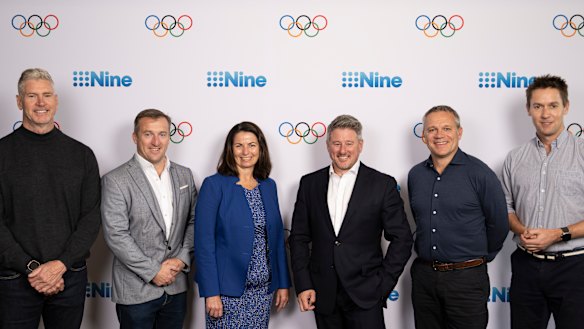 Nine’s executive team celebrate the Olympic Games announcement (L-R): Director of television Michael Healy, managing director of Nine radio Tom Malone, general counsel Rachel Launders, CEO Mike Sneesby, head of strategy Matt Stanton and managing director of publishing  James Chessell.