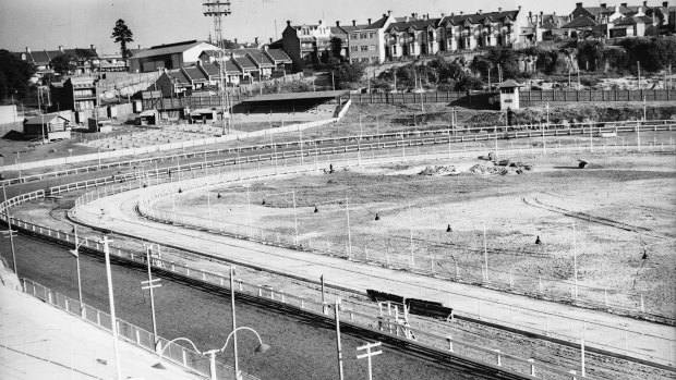 Construction of the dog track at Harold Park raceway in Sydney on 19 June 1936.
