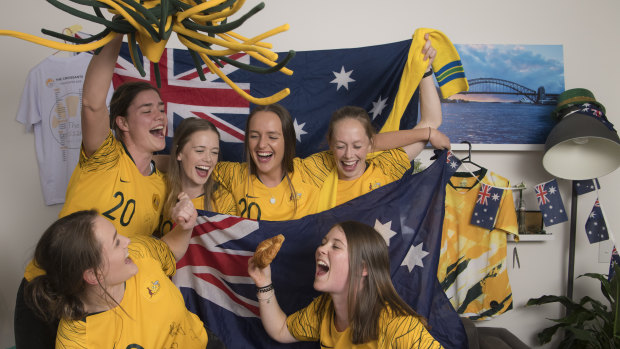Ciara O'Sullivan (front far right), 21, Maddie Bart, 23, Libby Graham, 21, Amanda Skellern, 24, Kim Skellern, 24 and Lucy Gilfedder, 22 are spending thousands to head over to France in support of the girls in green and gold. 