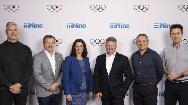 Nine’s executive team celebrate the Olympic Games announcement (L-R): Director of television Michael Healy, managing director of Nine radio Tom Malone, general counsel Rachel Launders, CEO Mike Sneesby, head of strategy Matt Stanton and managing director of publishing  James Chessell.