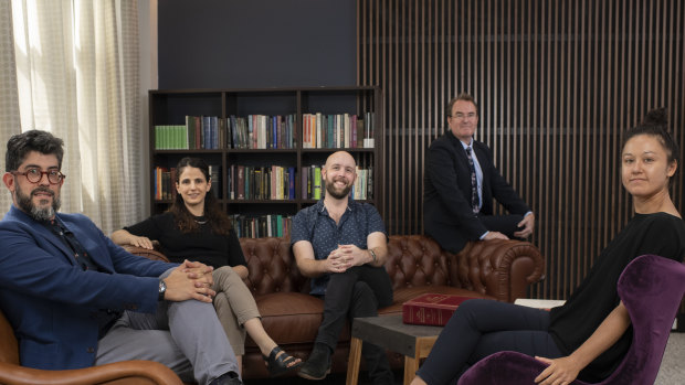University of Wollongong philosophers, from left, Bernado Ainbinder, Talia Morag, Anthony Hooper, Professor  Daniel Hutto and Elena Walsh.