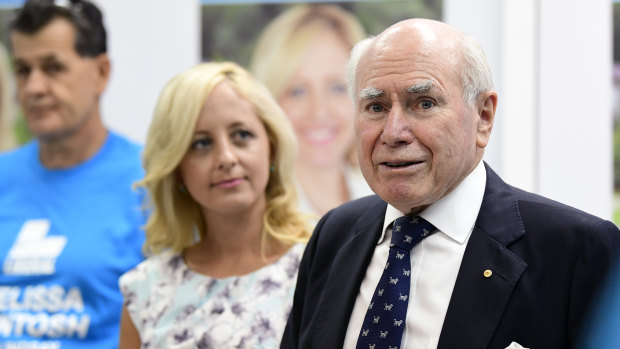 Former prime minister John Howard and Liberal candidate Melissa McIntosh while campaigning in Lindsay.