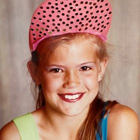 Sarah Harris, aged 10, in the sequin cap that said: “I have arrived!”