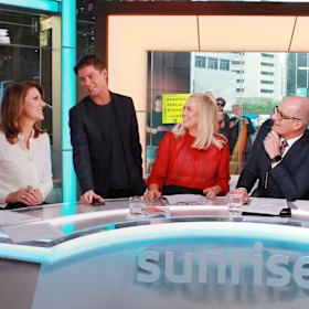 Sunrise newsreader Natalie Barr, executive producer Michael Pell, and hosts Samantha Armytage and David Koch.