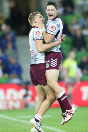 Nicho Hynes and Tom Trbojevic celebrate victory in the Holden Cup preliminary final in 2015.