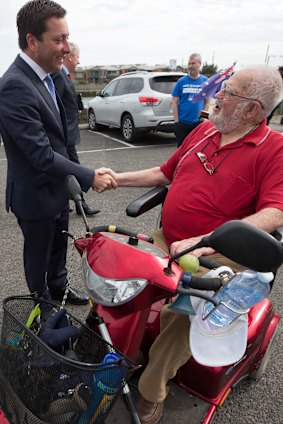 Matthew Guy (left) meets Liberal Party member Bill Walstab at Thursday's event. Mr Walstab says there is no problem with medium-density housing in the area.