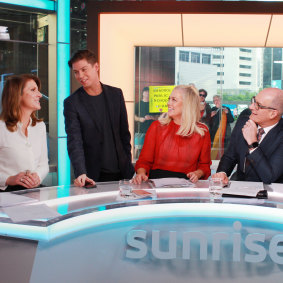 Sunrise newsreader Natalie Barr, executive producer Michael Pell, and hosts Samantha Armytage and David Koch.