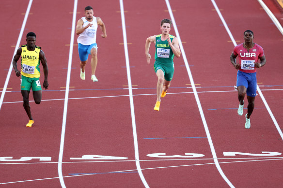 Australia’s Rohan Browning (second from right). His heat was won by American Marvin Bracy. 