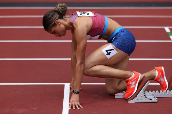 American Sydney McLaughlin at the start of the women’s 400m hurdles final, which she was in world record time.