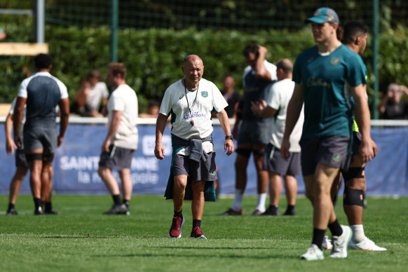 Eddie Jones looks on at Wallabies training in France at the Rugby World Cup.