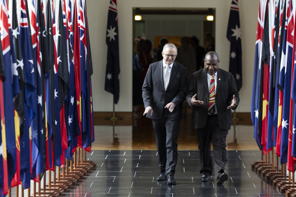 Prime Minister Anthony Albanese and Prime Minister of Papua New Guinea James Marape in Parliament House this February.