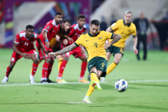 Jamie Maclaren converts a penalty for Australia to go 1-0 up.