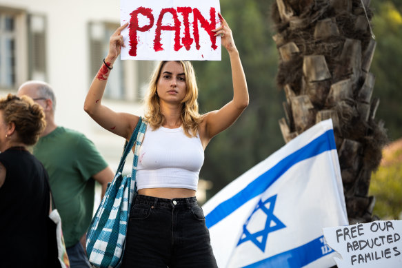 People protest in Tel Aviv, Israel earlier this month.