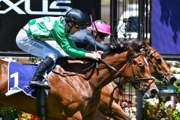 John Allen rides A Beautiful Night to victory at Flemington on Wednesday.