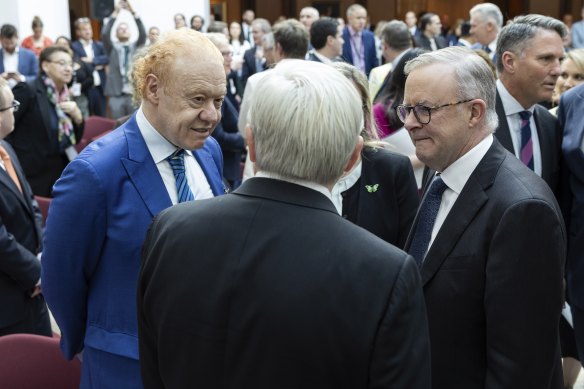 Anthony Pratt, former prime minister Kevin Rudd and Prime Minister Anthony Albanese ahead of the unveiling of the official portrait of former PM Kevin Rudd, at Parliament House in Canberra in August.