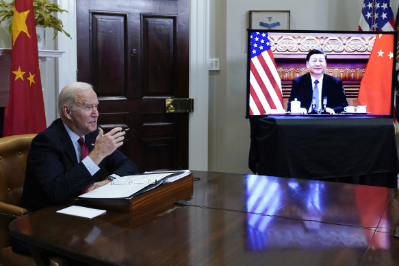Joe Biden meets virtually with Xi Jinping in the White House in November 2021.