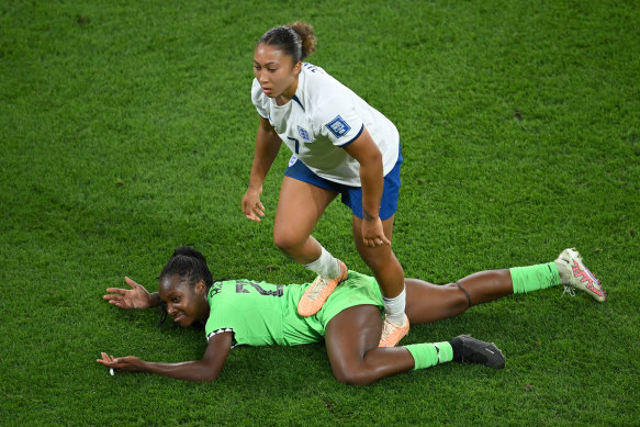 Lauren James stamps on Nigeria’s Michelle Alozie late in England’s round-of-16 win in Brisbane.