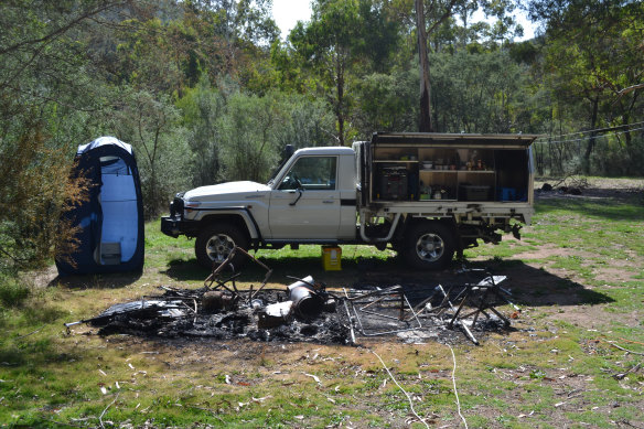 A photo of the burnt Wonnangatta campsite shown to the jury.