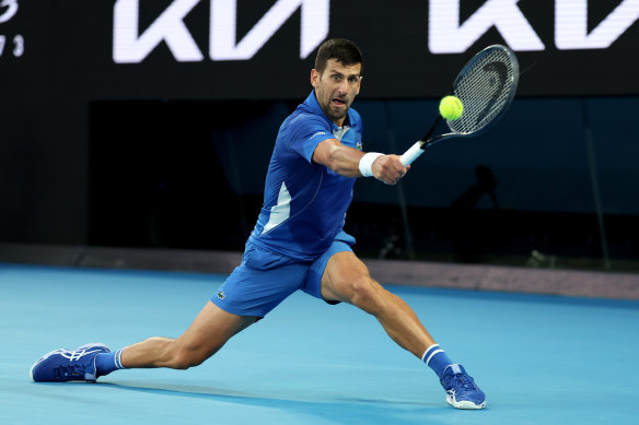 Novak Djokovic in action against Dino Prizmic.