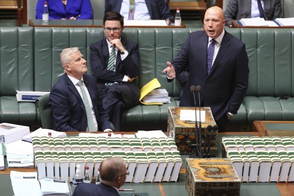 Acting Prime Minister Michael McCormack and Defence Minister Peter Dutton during Question Time at Parliament House in Canberra today.