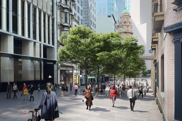 An artist’s impression of a pedestrianised section of Hunter Street between George and Pitt streets in Sydney’s CBD.