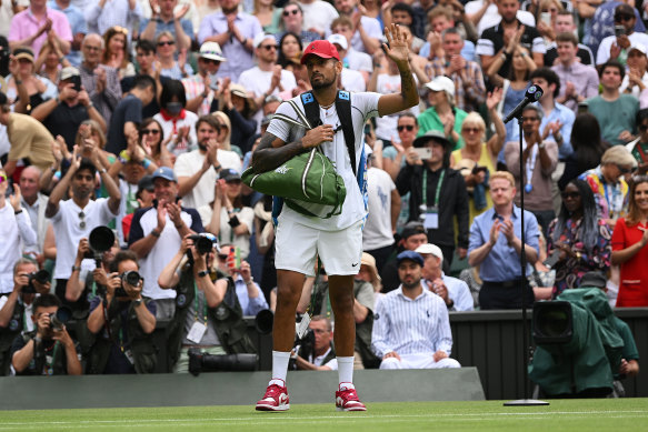 Nick Kyrgios broke the Wimbledon dress code rules by wearing a red cap and shoes on the court.