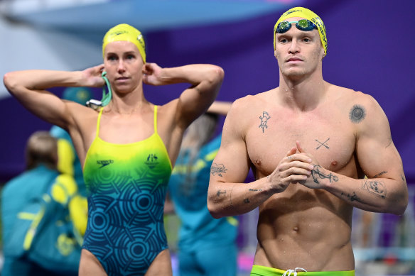 Emma McKeon and Cody Simpson at the pool in Birmingham.