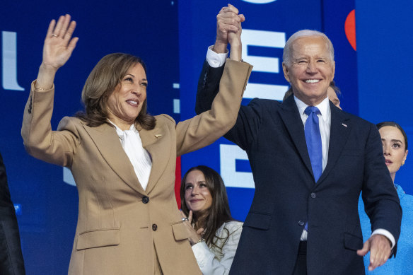 Democratic presidential nominee Kamala Harris with Joe Biden at the Democratic National Convention.