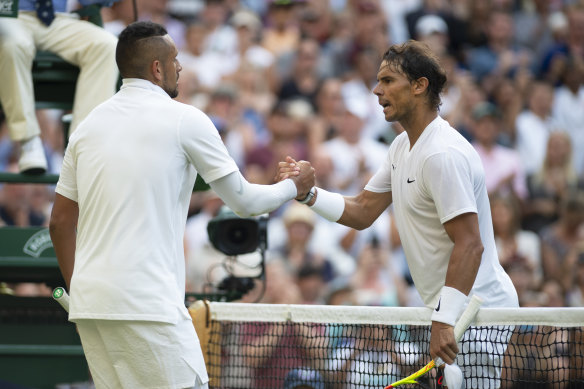 Nick Kyrgios and Rafa Nadal after the Spaniard's win at Wimbledon in 2019.