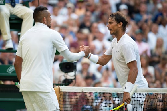 Nick Kyrgios and Rafa Nadal after the Spaniard's win at Wimbledon in 2019.