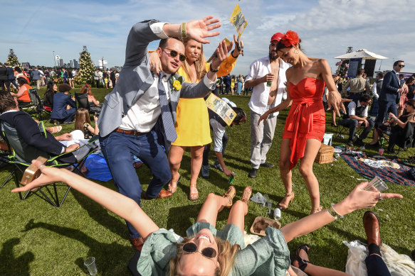 Nick Sloman enjoying the spoils of a win on Cup Day - on a horse he couldn't remember the name of, in either race 7 or 8.